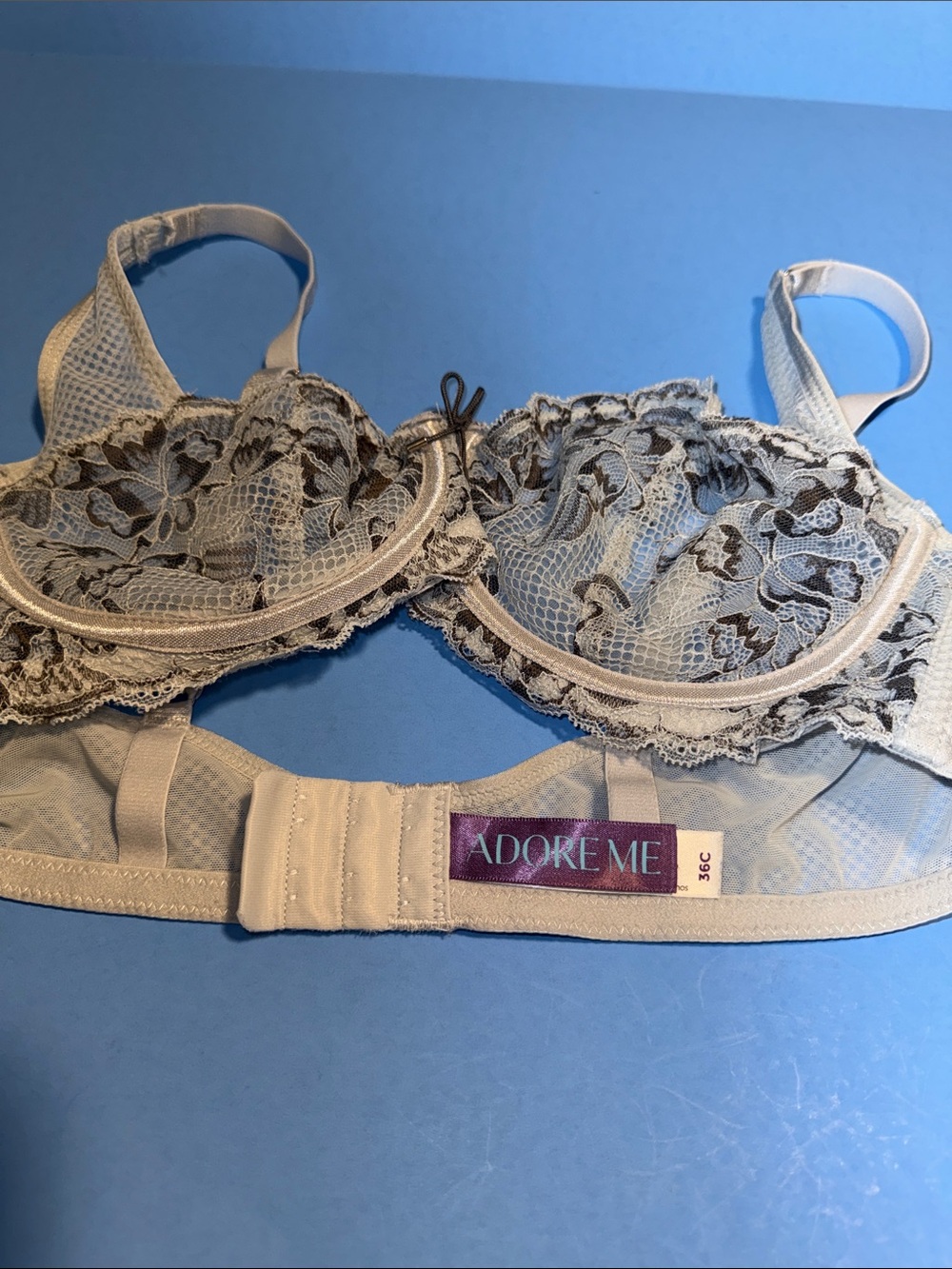 Adore me Sheer Mesh Floral Lace Bra & Thong Set in Grey & Dark Grey - Picture 3 of 5